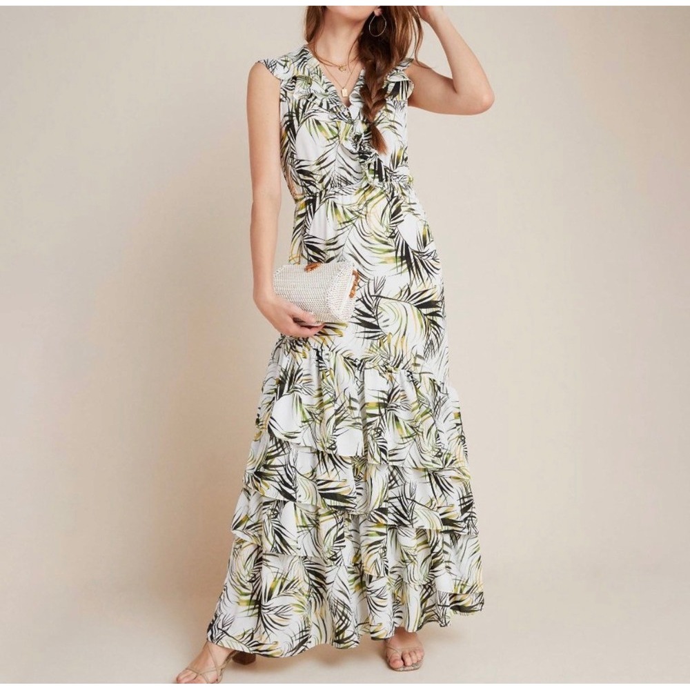 NWT MISA Los Angeles Maxine Palm Maxi Dress M White Green Ruffle Tiered Boho